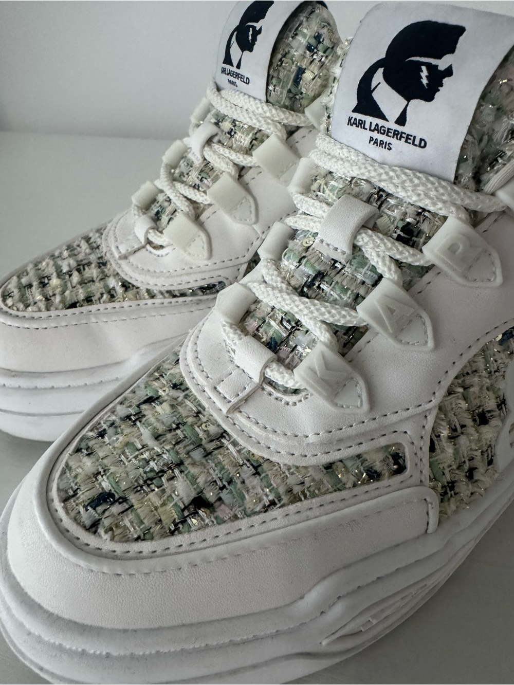 Karl Lagerfeld White Leather & Tweed Low-Top Sneakers